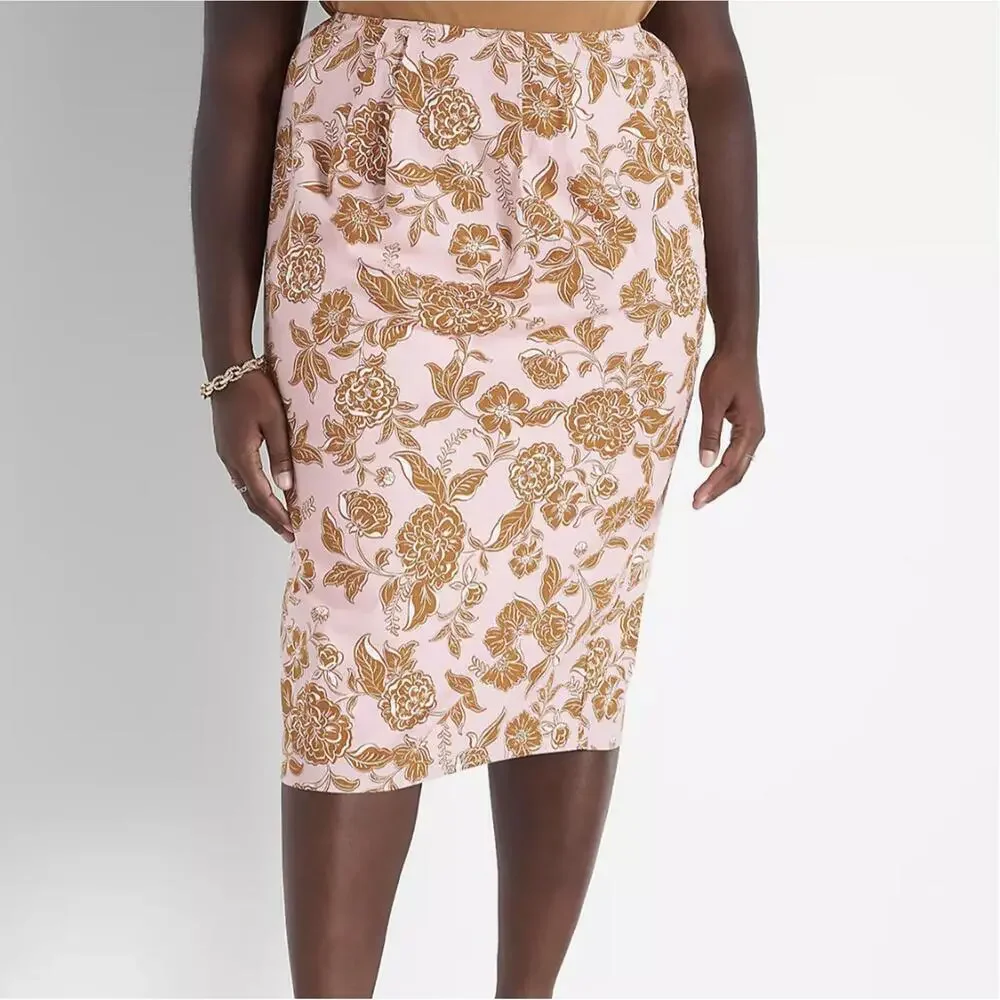 NWT Lane Bryant Pink and Brown Floral Midi Skirt Size: 14 - Picture 1 of 8